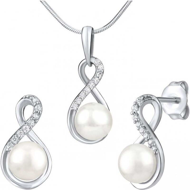 Silvego Stříbrná souprava s bílou přírodní perlou - náušnice a přívěsek