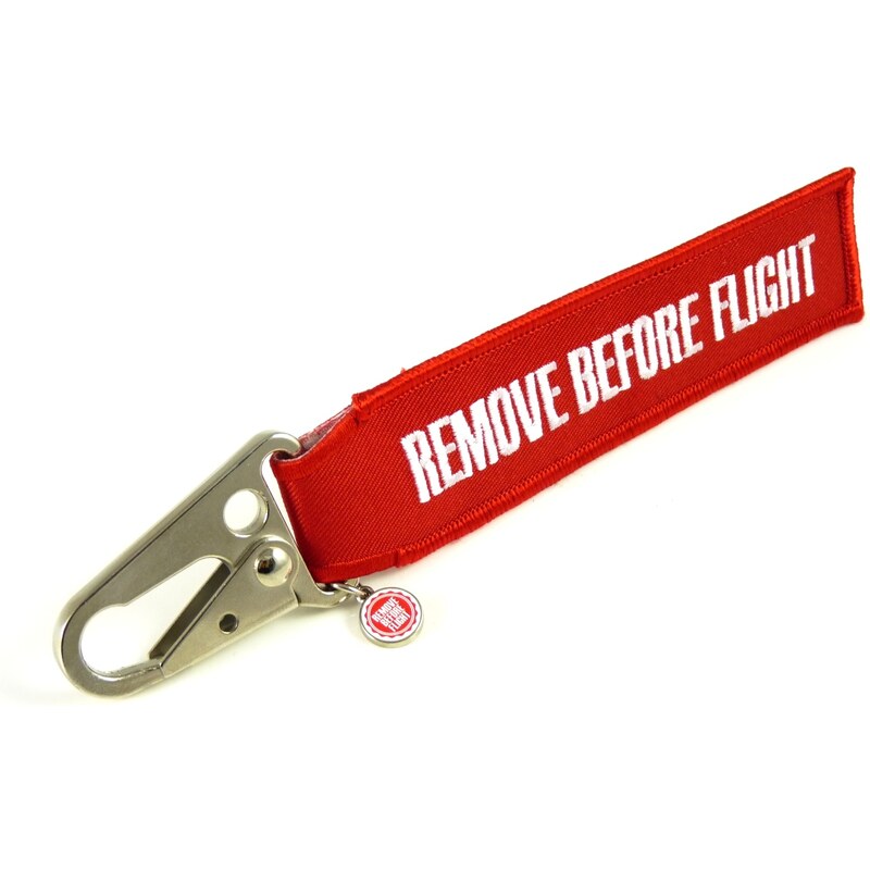 RBF ORIGINALS Klíčenka s karabinou REMOVE BEFORE FLIGHT červená