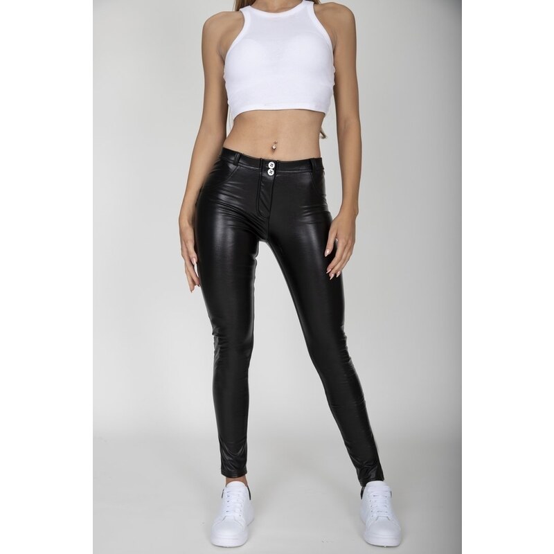 Gym Glamour Dámské kalhoty Hugz Black Faux Leather Mid Waist - HUGZJEANS