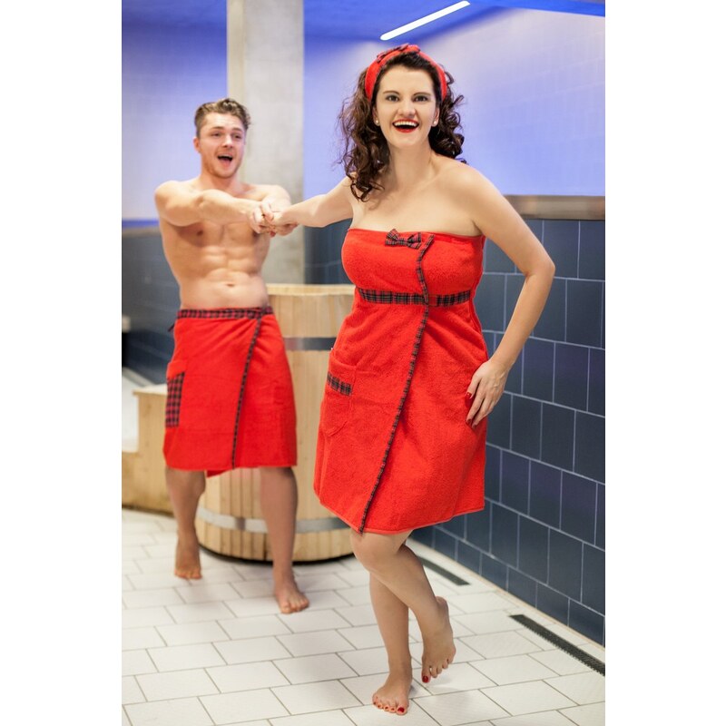MaryBerry Dámský červený kostkovaný župan a kilt do sauny v jednom ve skotském stylu
