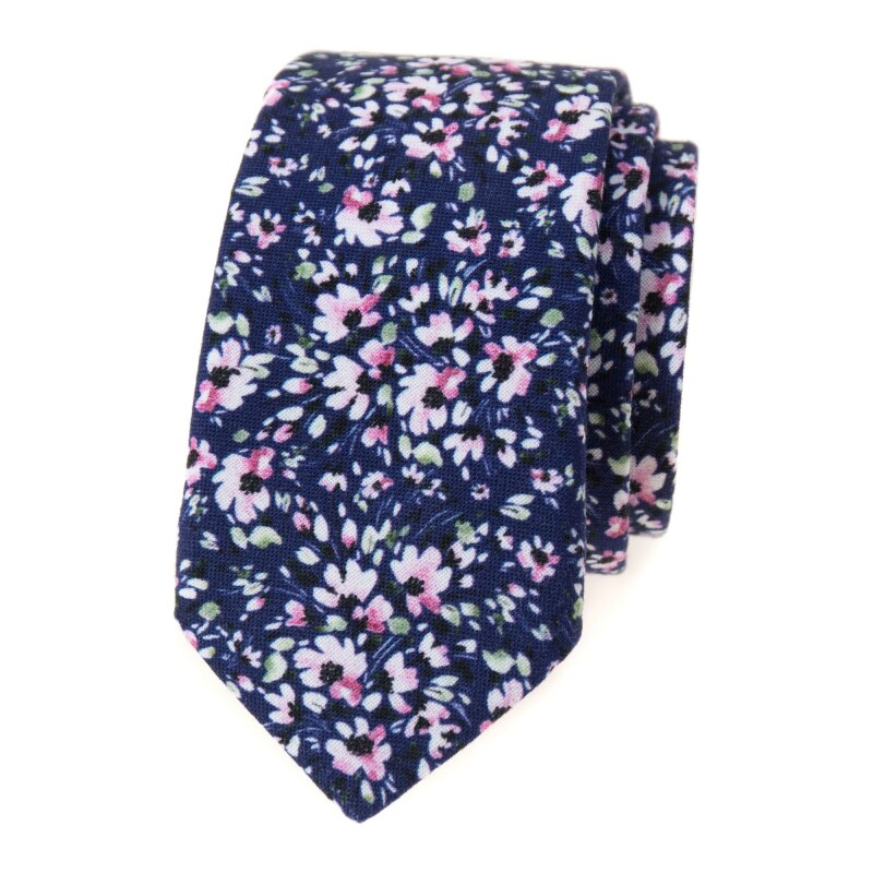 Tmavě modrá slim kravata s růžovými květy Avantgard 571-233