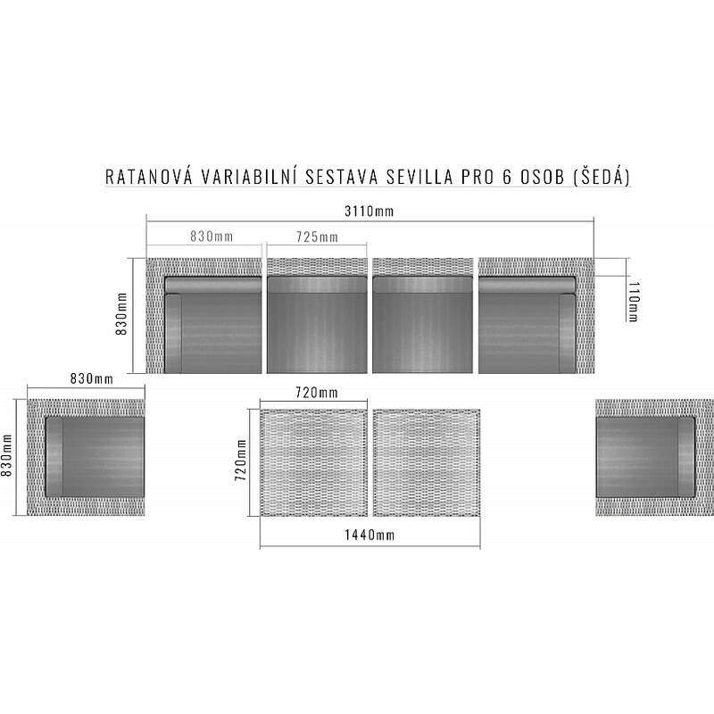 DEOKORK Ratanová variabilní sestava SEVILLA pro 6 osob (šedá)