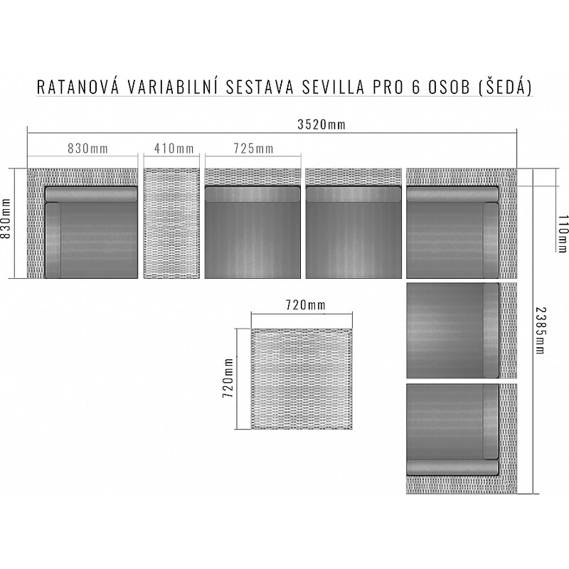 DEOKORK Ratanová variabilní sestava SEVILLA pro 6 osob (šedá)