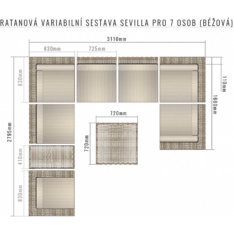 DEOKORK Ratanová variabilní sestava SEVILLA pro 7 osob (béžová)