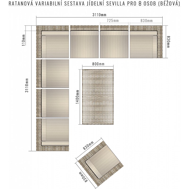 DEOKORK Ratanová variabilní sestava jídelní SEVILLA pro 8 osob (béžová)