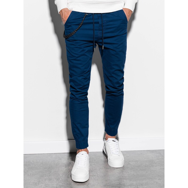 Ombre Clothing Pánské látkové kalhoty JOGGERS s ozdobnou šňůrkou - tmavě modré V9 P908