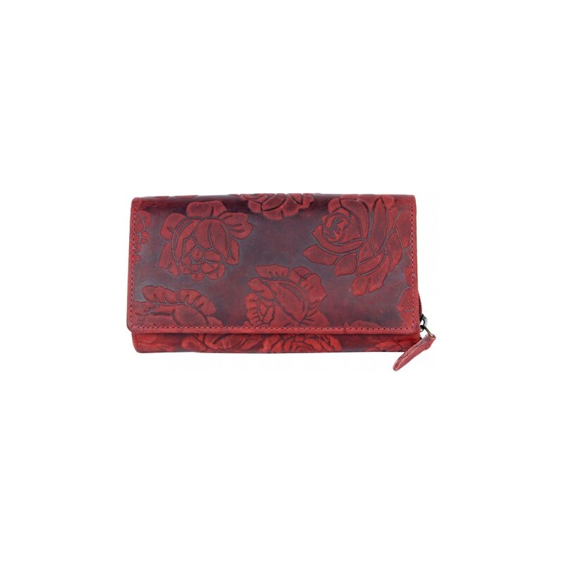 Kožená červená peněženka s ražbou s motivem růží s ochranou dat (RFID) FLW
