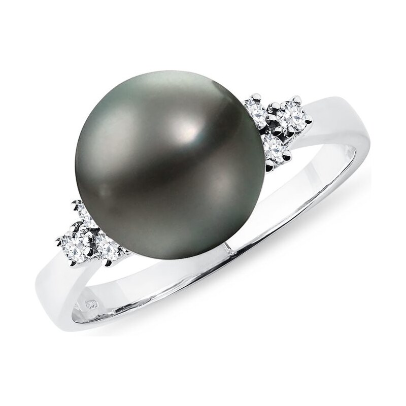 Prsten z bílého zlata s tahitskou perlou a diamanty KLENOTA k0257022
