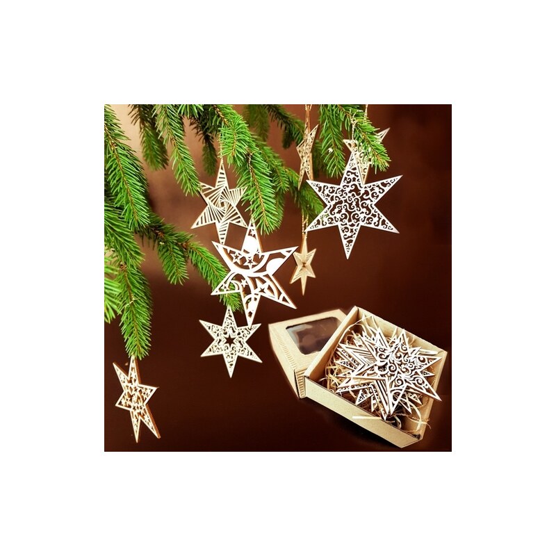 AMADEA Vánoční set dřevěných ozdob - hvězdy 8 druhů + krabička