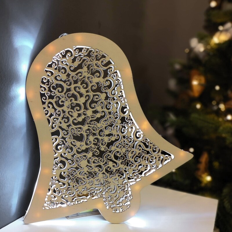 AMADEA Dřevěná svítící dekorace zvon s LED osvětlením, 29 cm