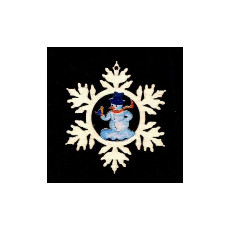 AMADEA Dřevěná ozdoba barevná vločka se sněhulákem 6 cm