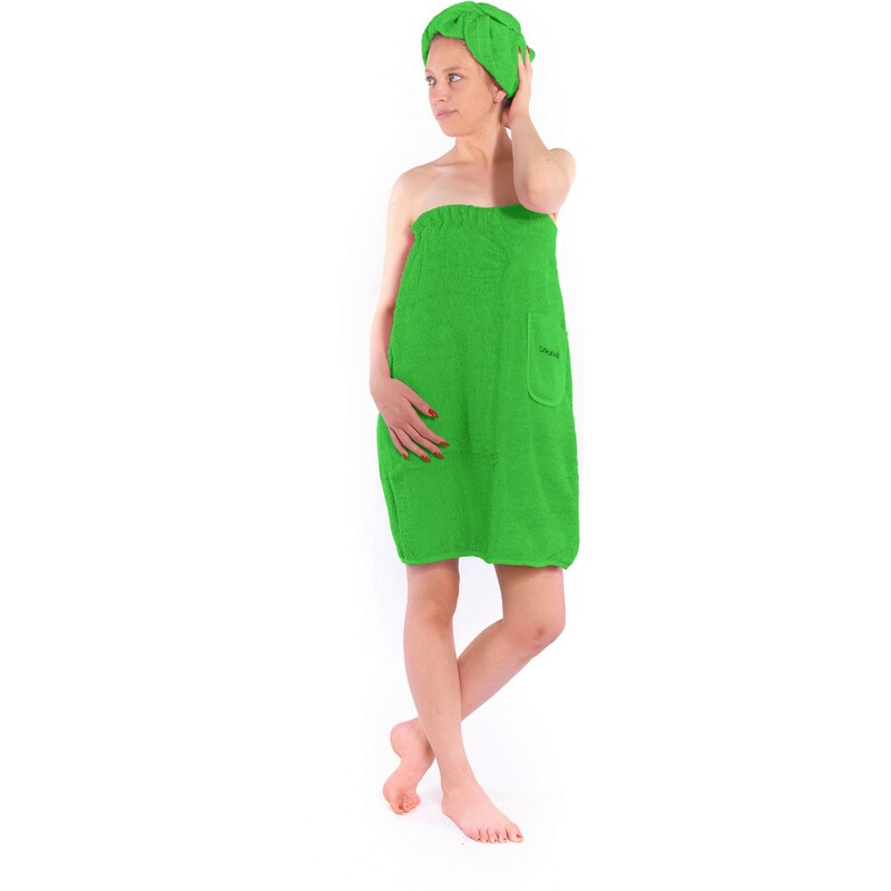 Interkontakt Dámský saunový kilt s turbanem Logo SAUNA, zelený