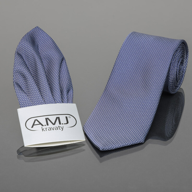 AMJ Kravata pánská s kapesníčkem AMJ šipkovaný vzor, KK0466, džínsově modrá