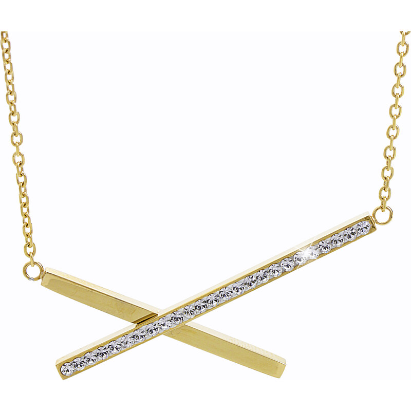 SkloBižuterie-J Ocelový náhrdelník Crossed Lines Swarovski Crystal Gold