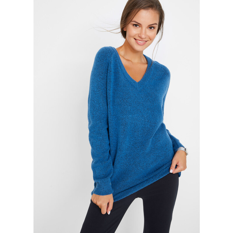 bonprix Pletený svetr s výstřihem do V, Oversized Fit modrá Žena 52259050