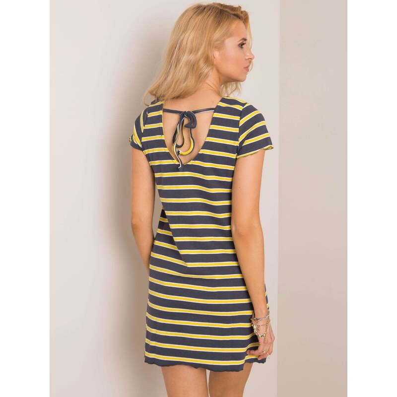 BASIC Šedo-žluté dámské pruhované šaty -gray-yellow Pruhovaný vzor