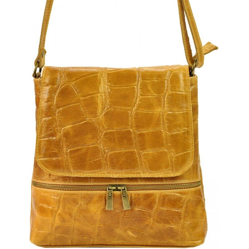 BORSE IN PELLE Kožená dámská crossbody kabelka v kroko designu Camel 52390558