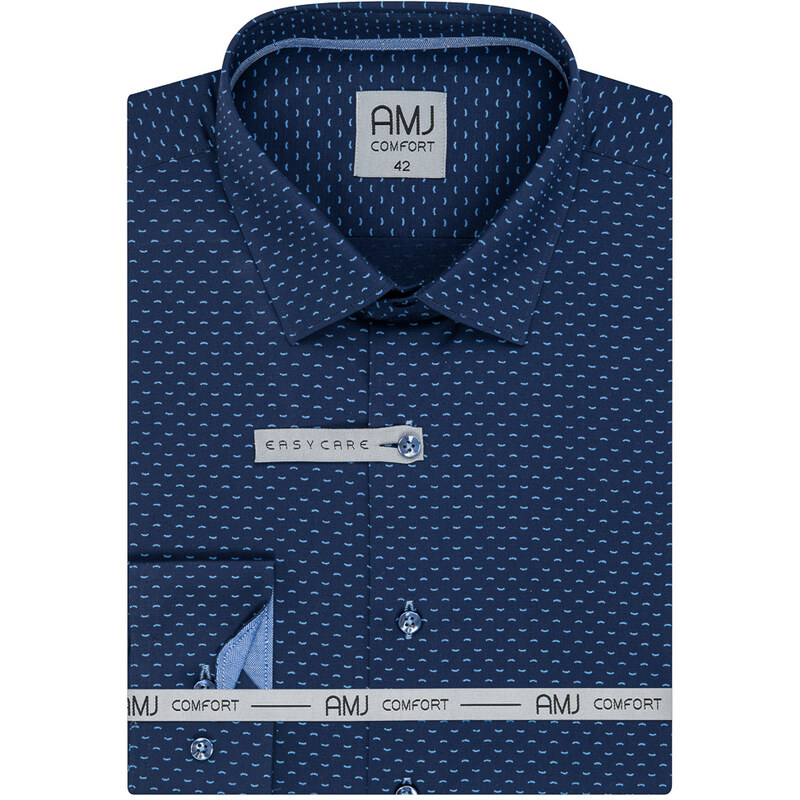 AMJ Pánská košile AMJ bavlněná, modrá vlnkovaná VDSBR1166, dlouhý rukáv, slim fit