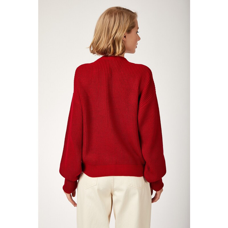 Happiness İstanbul Women's Red V-Neck Buttons Knitwear Cardigan