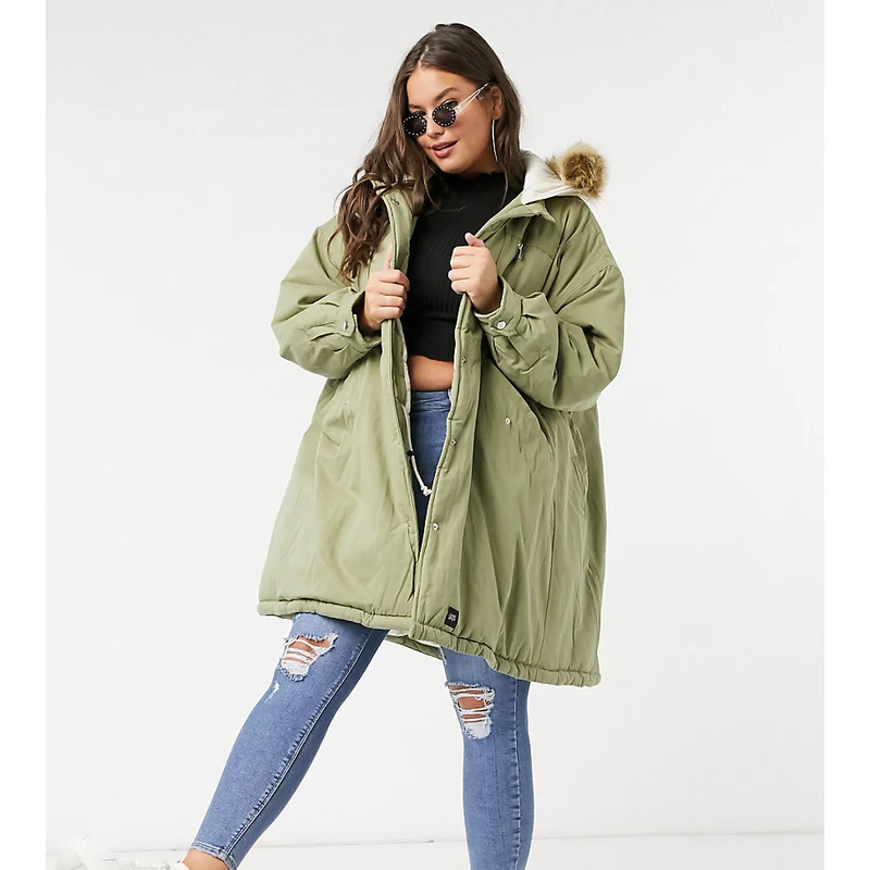 Sixth June Plus oversized parka coat with faux fur hood-Green - GLAMI.cz