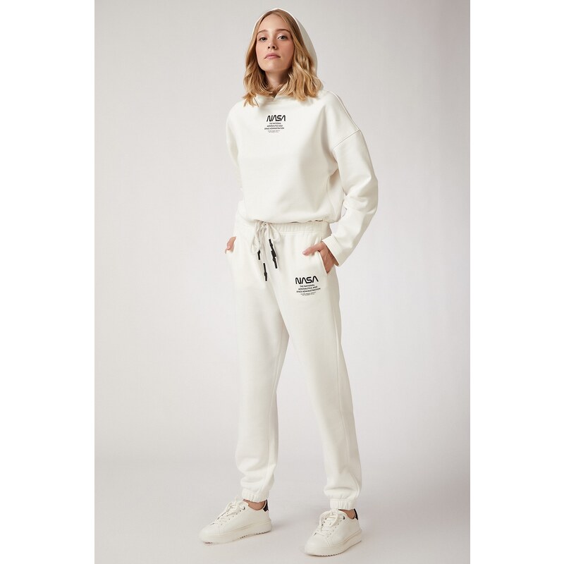 Happiness İstanbul Women's Ecru Fleece Printed Tracksuit Set