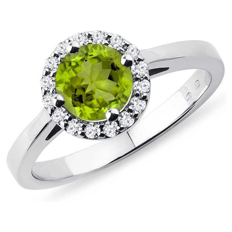Prsten halo s olivínem a diamanty v bílém zlatě KLENOTA K0030092