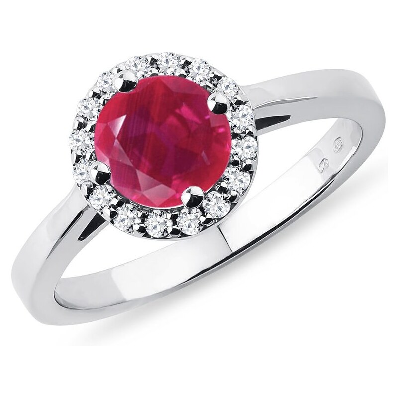 Prsten halo s rubínem a diamanty v bílém zlatě KLENOTA K0030062