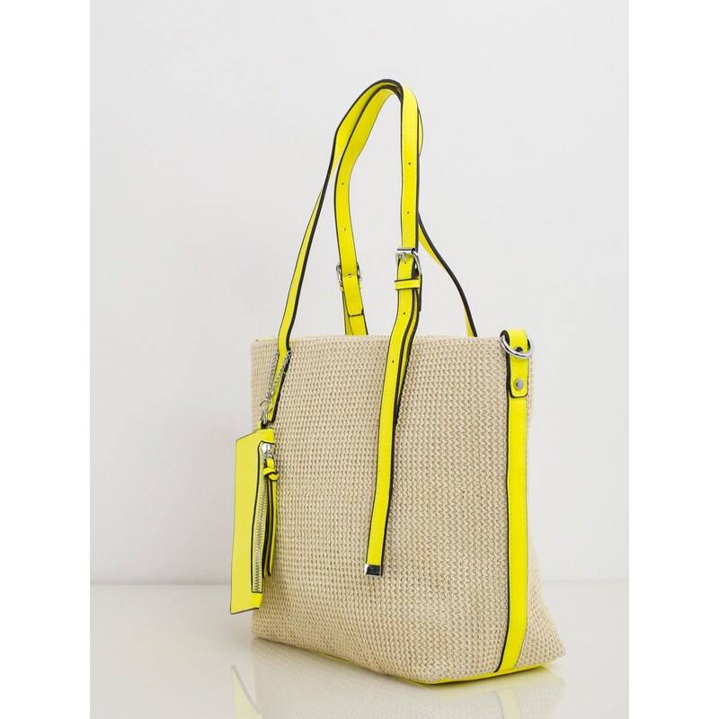 BASIC BÉŽOVÁ SHOPPER KABELKA SE ŽLUTÝM LEMOVÁNÍM -YELLOW Smetanová