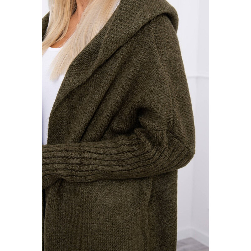 MladaModa Kardigánový svetr s kapucí a netopýřími rukávy model 2020-14 barva khaki