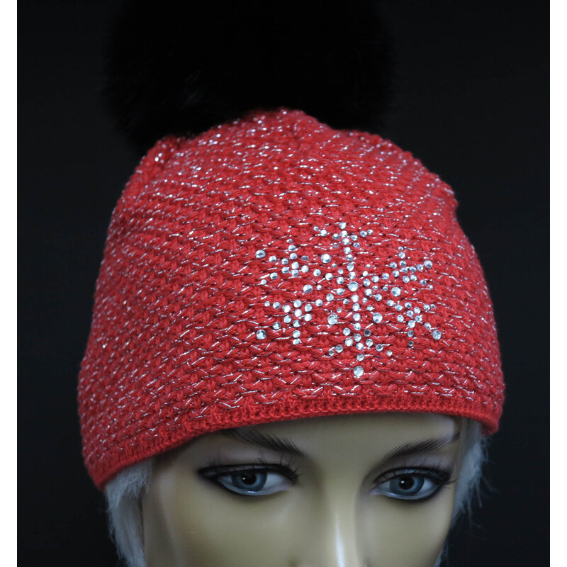 R-Jet Dámská zimní pletená čepice s kožešinovou bambulí 658 červená se stříbrným lurexem