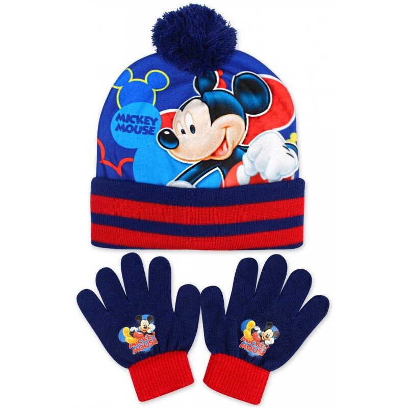 Setino Dětská / chlapecká zimní čepice + prstové rukavice Mickey Mouse - Disney -