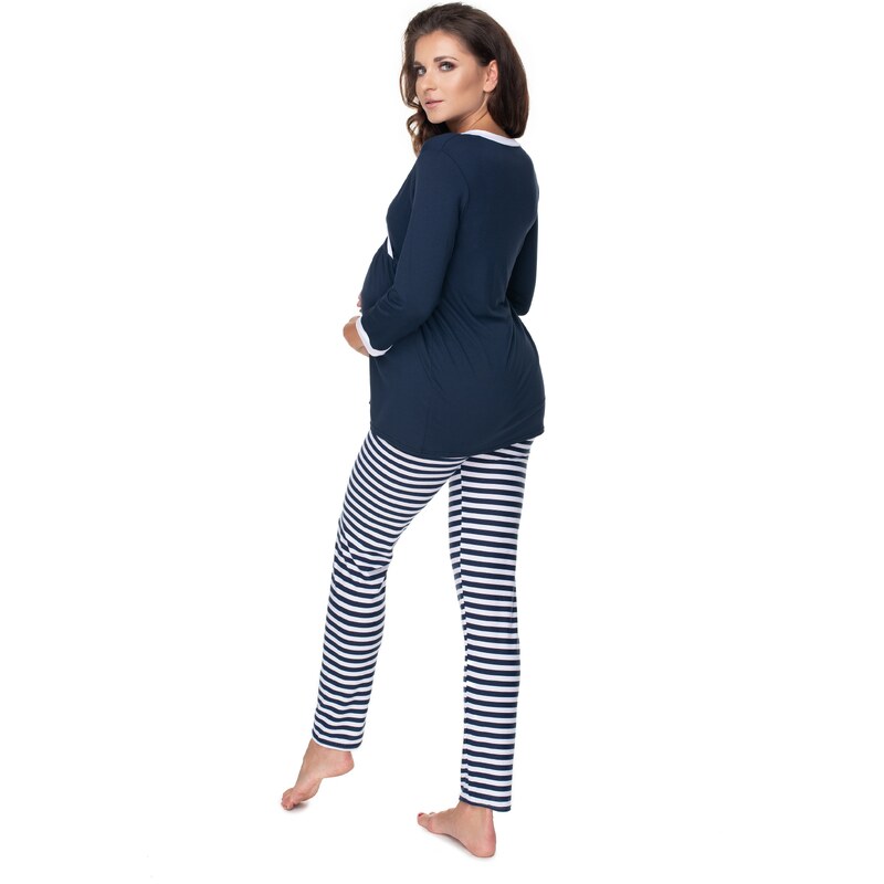 MladaModa Těhotenské pyžamo s pruhovanými kalhotami model 0150 barva námořnická modrá+bílá