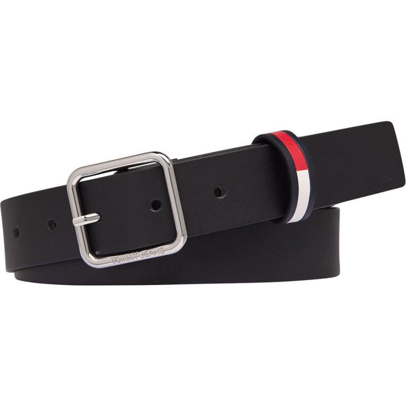 Tommy Hilfiger Tommy Jeans černý kožený opasek TJW SQUARE FLAG INLAY BELT 3.0