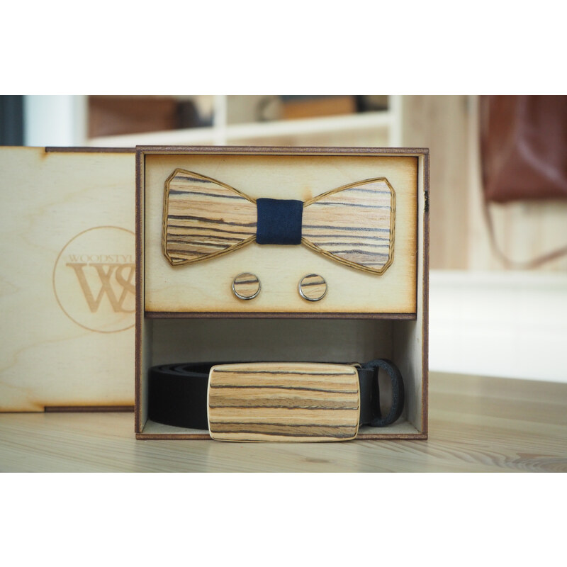 Wood Style Set Hranatý Zebráno - opasek,motýlek a manžetové