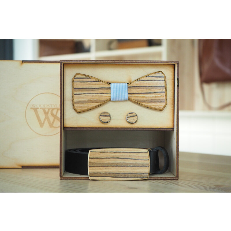 Wood Style Set Hranatý Zebráno - opasek,motýlek a manžetové knoflíčky