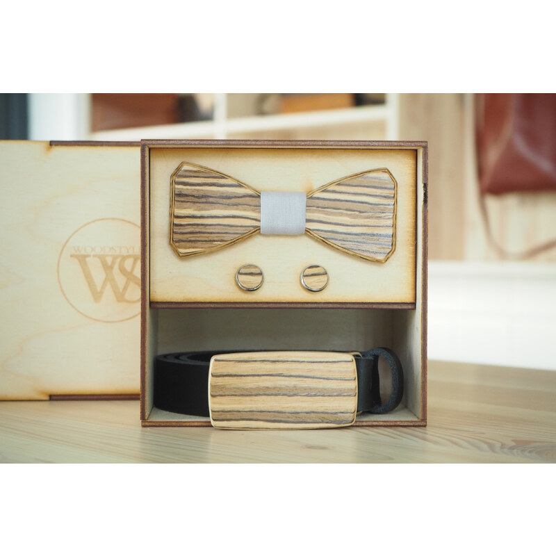 Wood Style Set Hranatý Zebráno - opasek,motýlek a manžetové