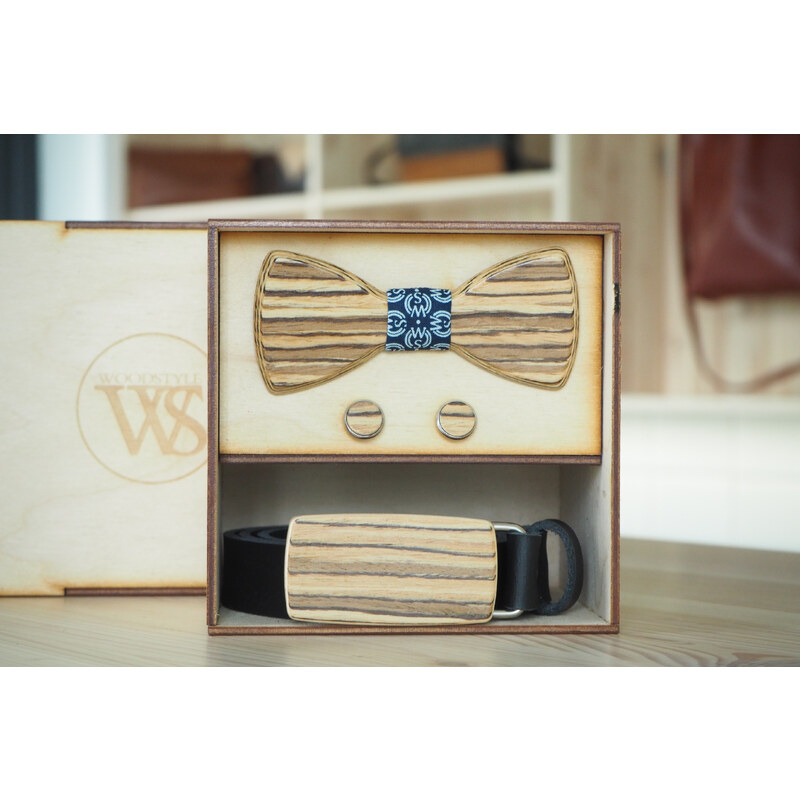 Wood Style Set Kulatý Zebráno - opasek,motýlek a manžetové