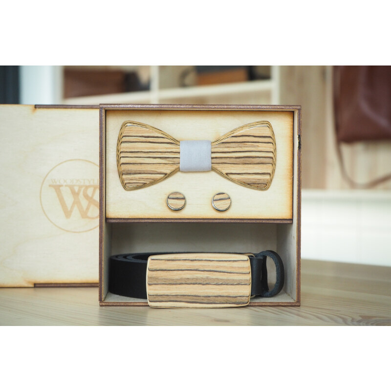 Wood Style Set Kulatý Zebráno - opasek,motýlek a manžetové