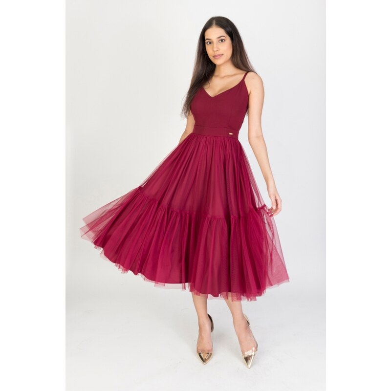 Parisse Bordové midi šaty s tylovou sukní 74310379
