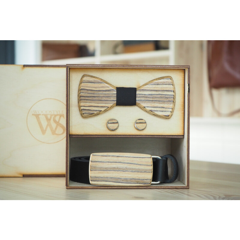 Wood Style Set Kulatý Zebráno - opasek,motýlek a manžetové