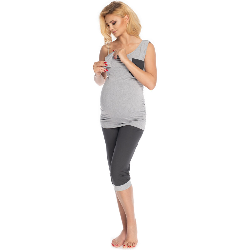 MladaModa Těhotenské pyžamo s capri kalhotami model 0177 šedé