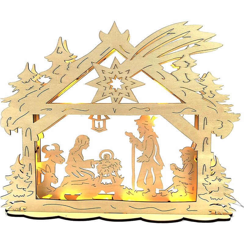 AMADEA Dřevěný svítící portál s motivem betléma, 43x36x9 cm