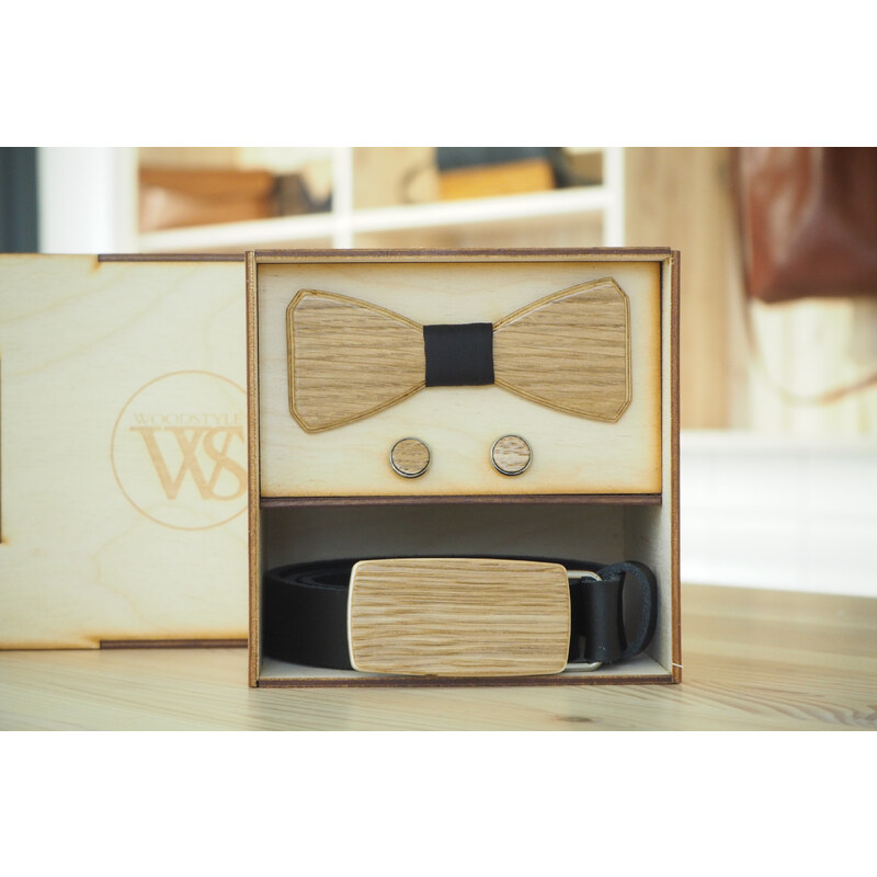 Wood Style Set Hranatý Dub - opasek,motýlek a manžetové