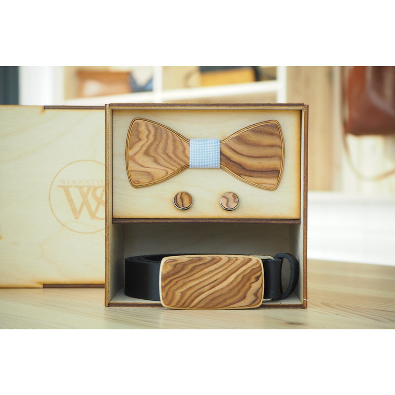 Wood Style Set Kulatý Kořenice - opasek,motýlek a manžetové