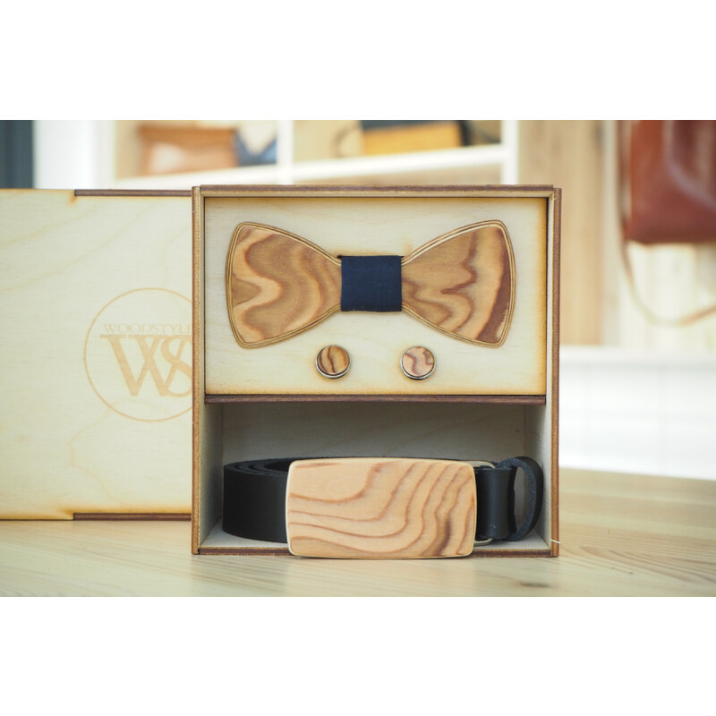 Wood Style Set Kulatý Kořenice - opasek,motýlek a manžetové