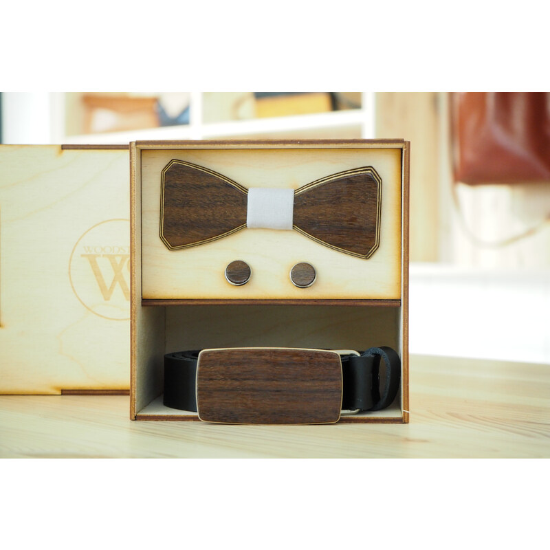 Wood Style Set Hranatý Ořech - opasek,motýlek a manžetové