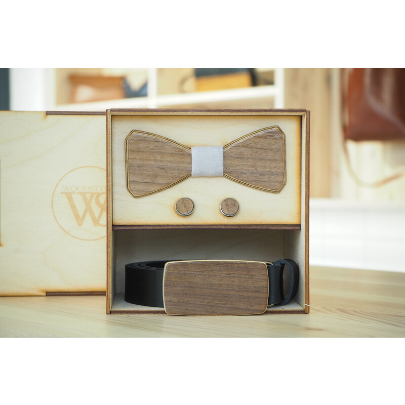 Wood Style Set Hranatý Ořech americký - opasek,motýlek a