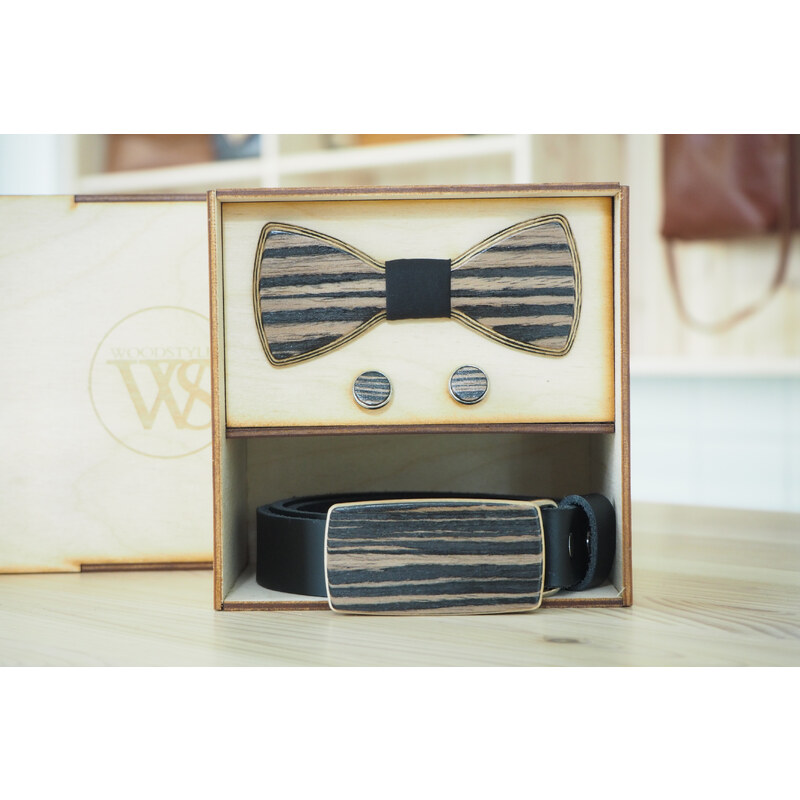 Wood Style Set Kulatý Dub černý - opasek,motýlek a manžetové knoflíčky