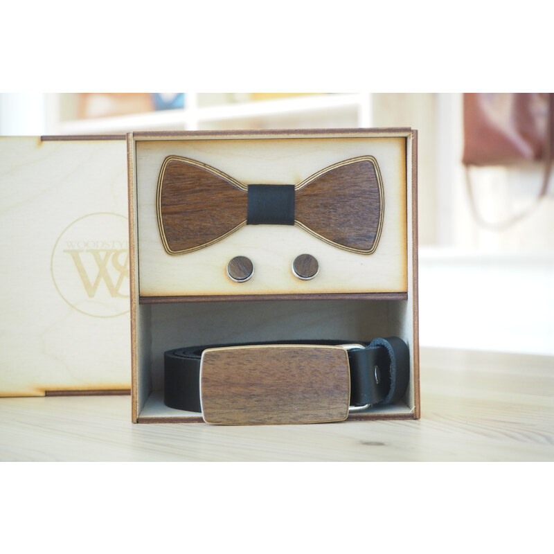 Wood Style Set Kulatý Ořech - opasek,motýlek a manžetové