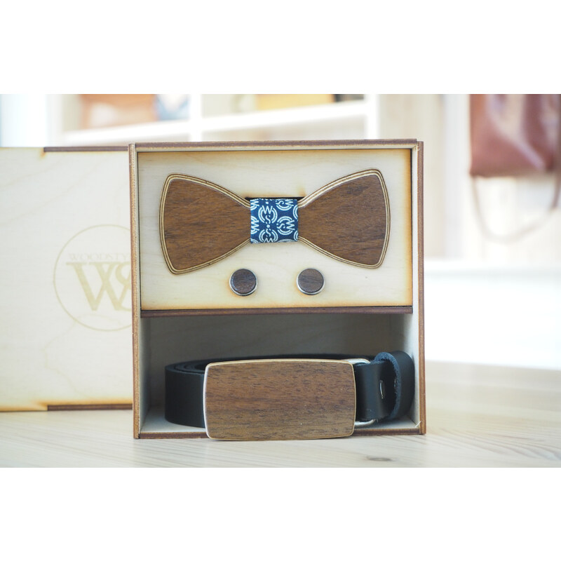Wood Style Set Kulatý Ořech - opasek,motýlek a manžetové